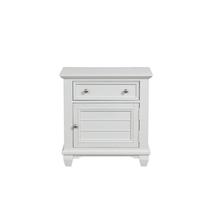 Jims 28 Inch Nightstand, Single Door and Drawer, Cup Handles, White Wood