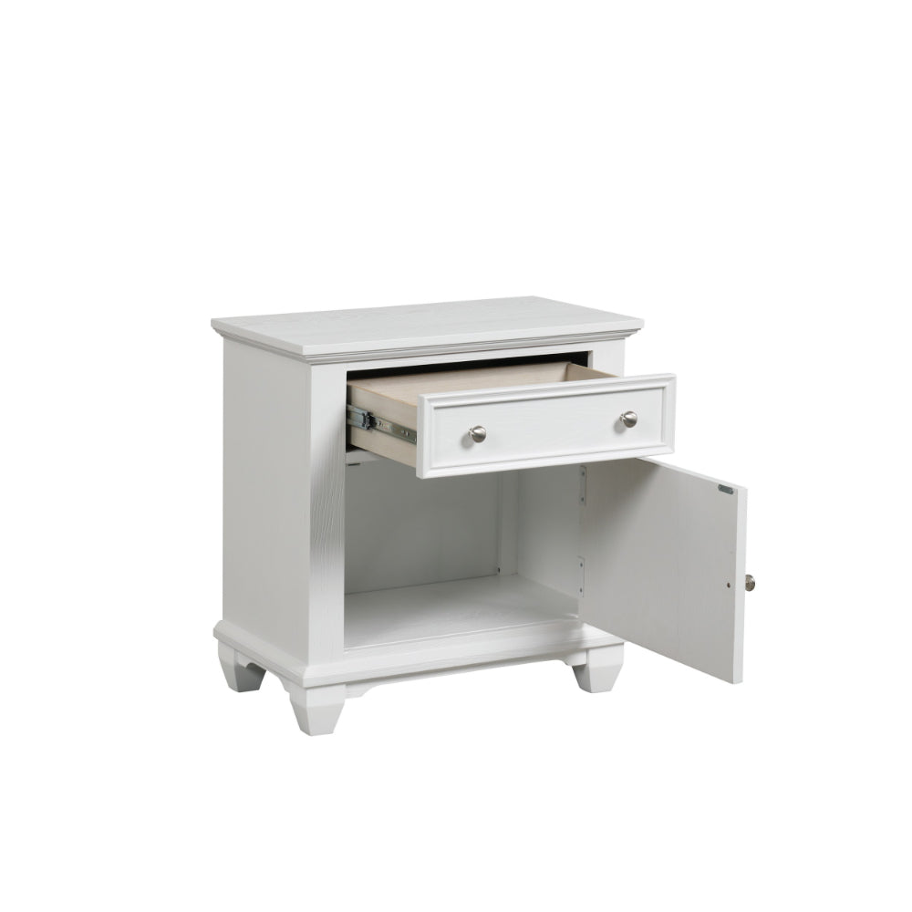 Jims 28 Inch Nightstand, Single Door and Drawer, Cup Handles, White Wood