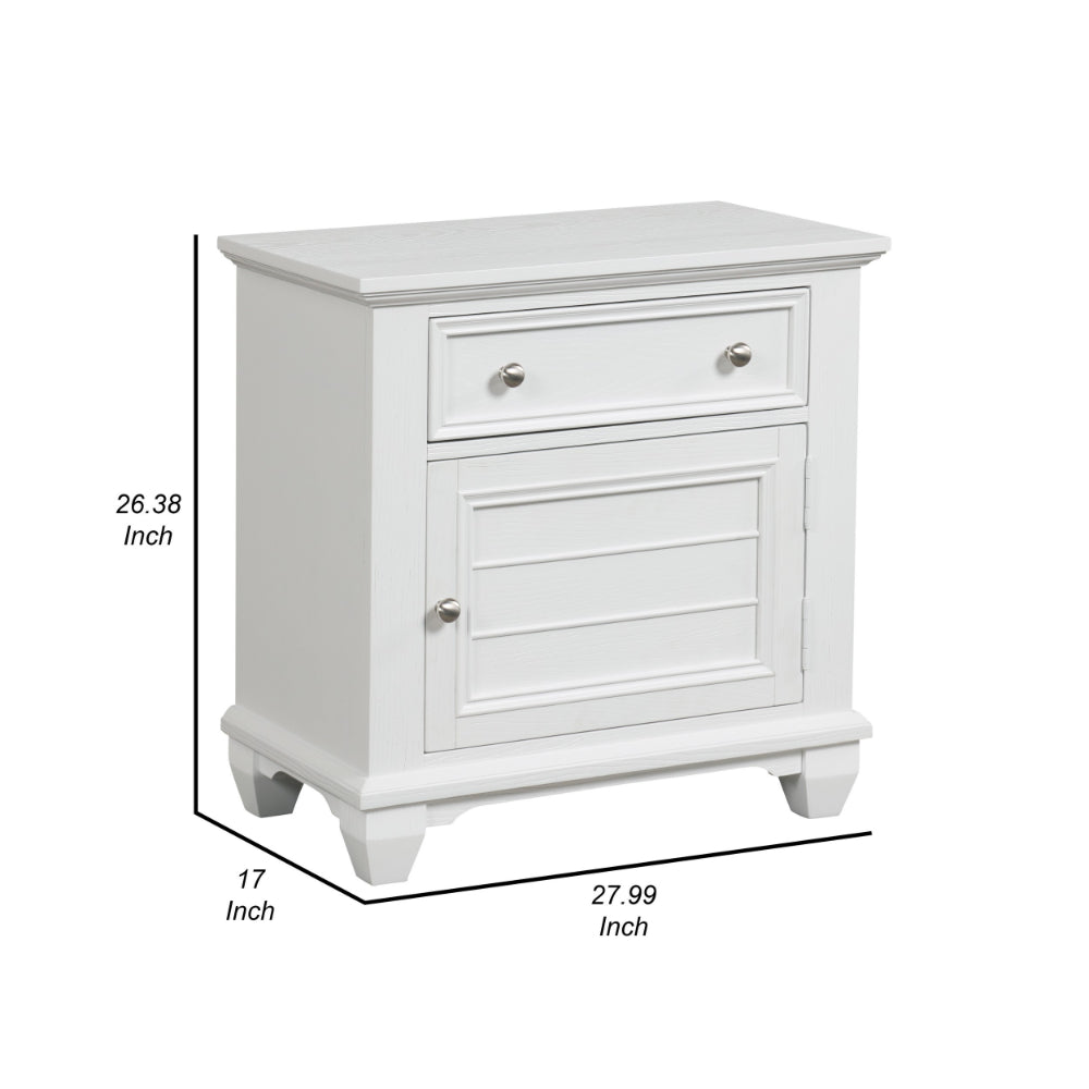 Jims 28 Inch Nightstand, Single Door and Drawer, Cup Handles, White Wood