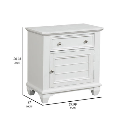 Jims 28 Inch Nightstand, Single Door and Drawer, Cup Handles, White Wood