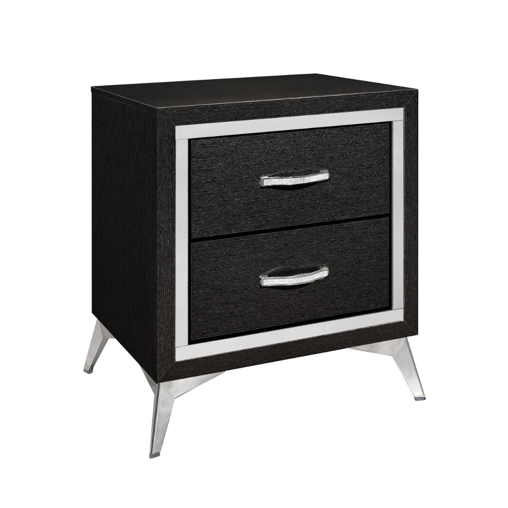 Haya 24 Inch 2 Drawer Nightstand, Embossed Jet Black Wood, Silver Trim