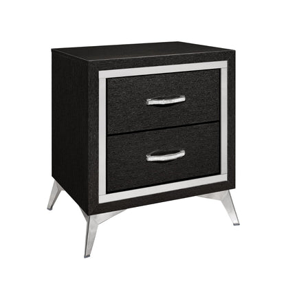 Haya 24 Inch 2 Drawer Nightstand, Embossed Jet Black Wood, Silver Trim