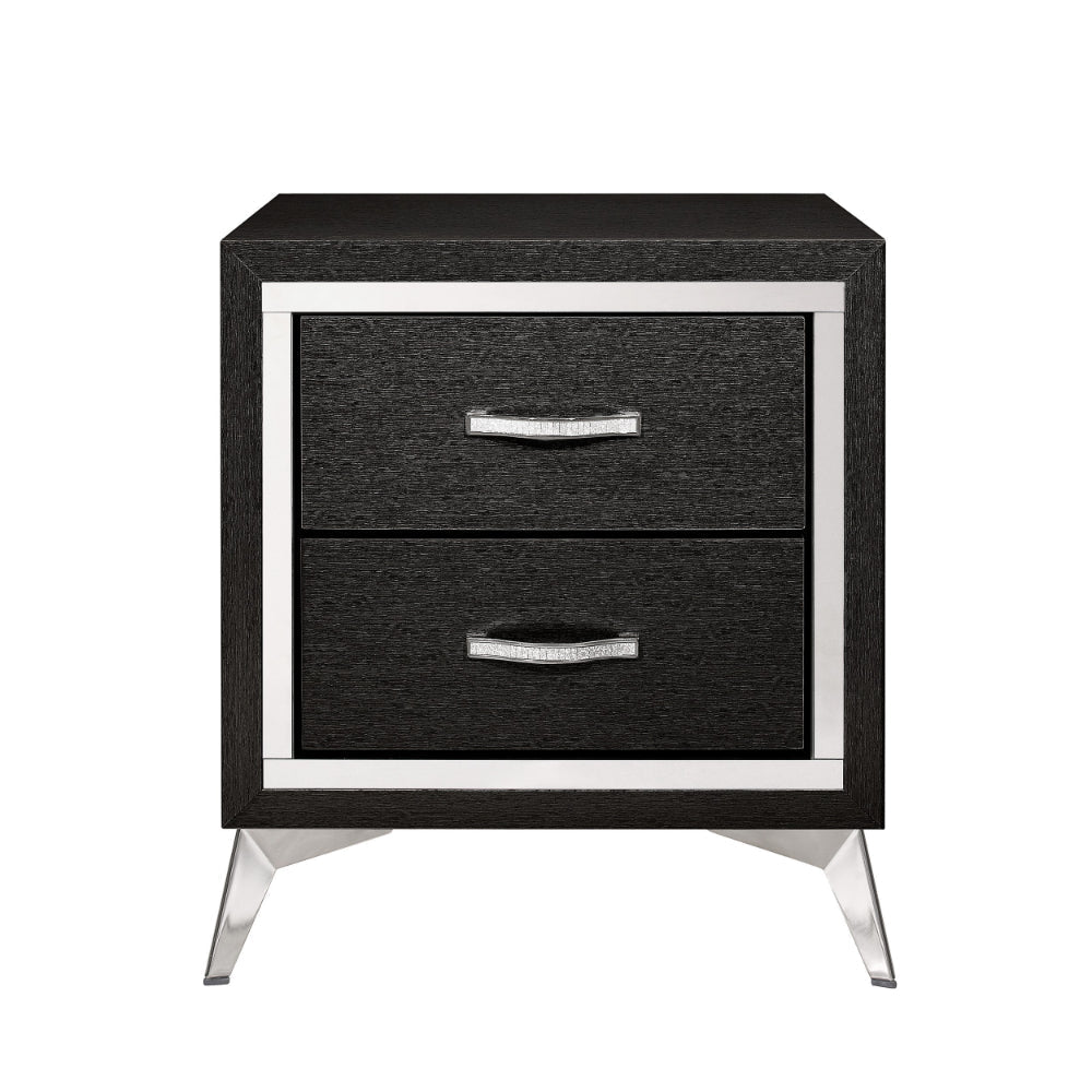 Haya 24 Inch 2 Drawer Nightstand, Embossed Jet Black Wood, Silver Trim