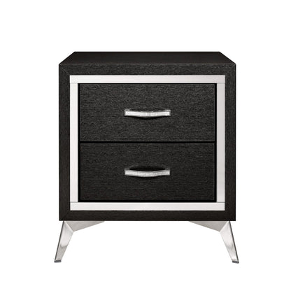 Haya 24 Inch 2 Drawer Nightstand, Embossed Jet Black Wood, Silver Trim