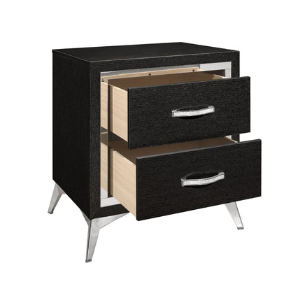 Haya 24 Inch 2 Drawer Nightstand, Embossed Jet Black Wood, Silver Trim