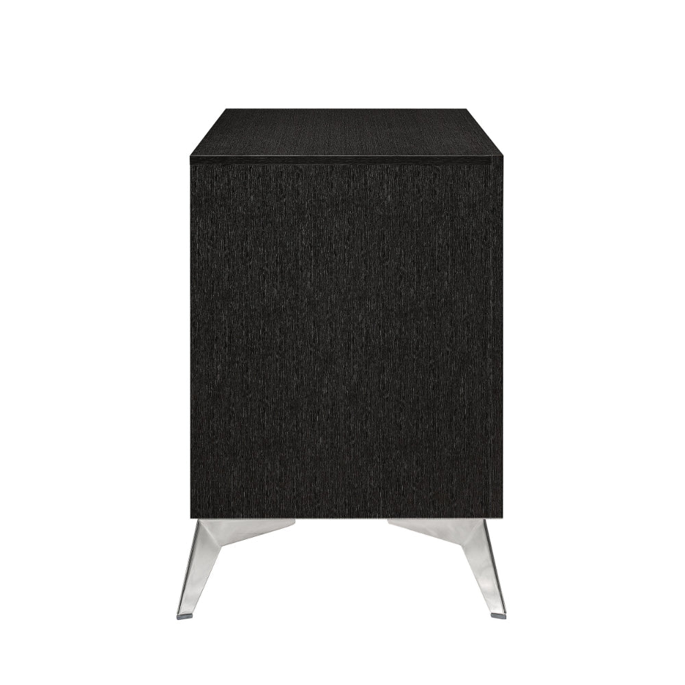 Haya 24 Inch 2 Drawer Nightstand, Embossed Jet Black Wood, Silver Trim