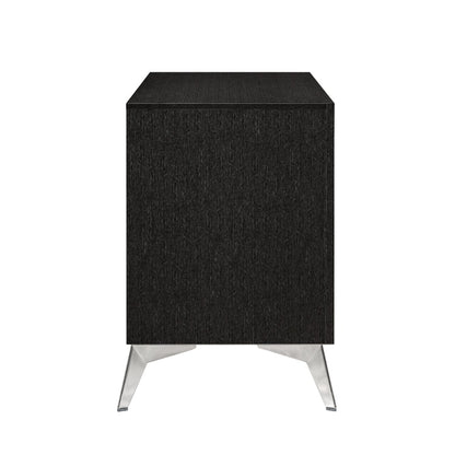 Haya 24 Inch 2 Drawer Nightstand, Embossed Jet Black Wood, Silver Trim