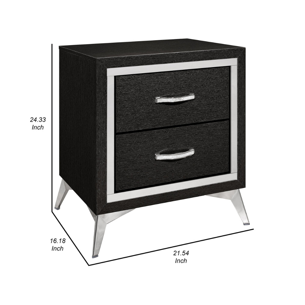 Haya 24 Inch 2 Drawer Nightstand, Embossed Jet Black Wood, Silver Trim