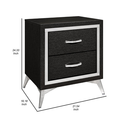 Haya 24 Inch 2 Drawer Nightstand, Embossed Jet Black Wood, Silver Trim