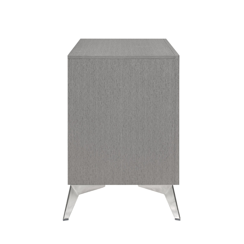 Haya 24 Inch 2 Drawer Nightstand, Embossed Smooth Gray Wood, Silver Trim