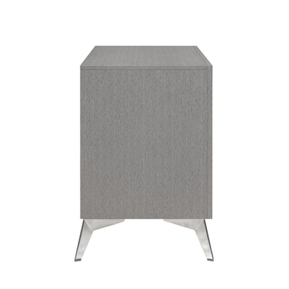 Haya 24 Inch 2 Drawer Nightstand, Embossed Smooth Gray Wood, Silver Trim