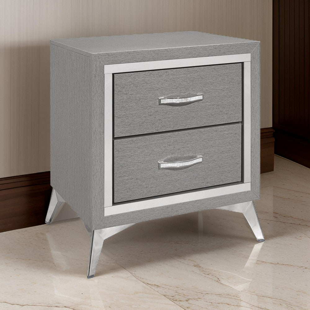 Haya 24 Inch 2 Drawer Nightstand, Embossed Smooth Gray Wood, Silver Trim