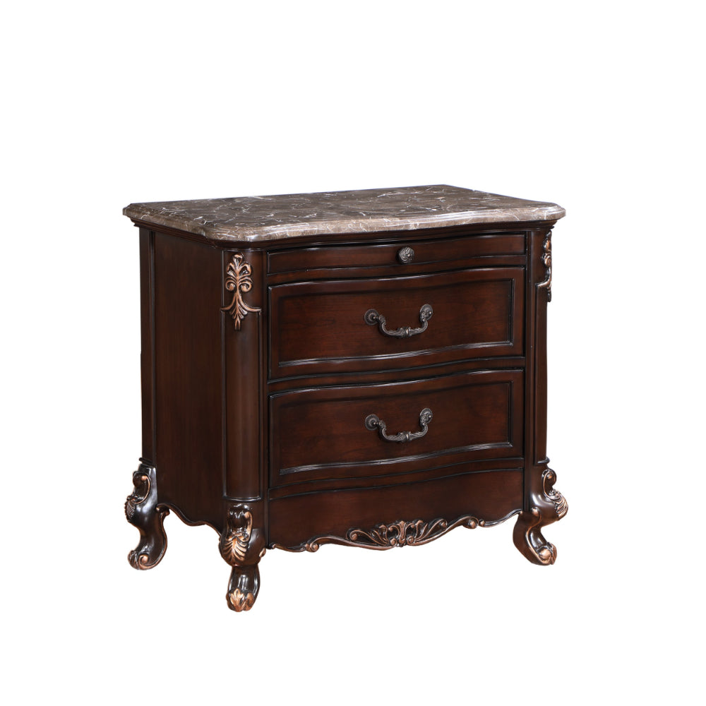 Leon 32 Inch 2 Drawer Nightstand, Carved Details, Marble Surface, Brown