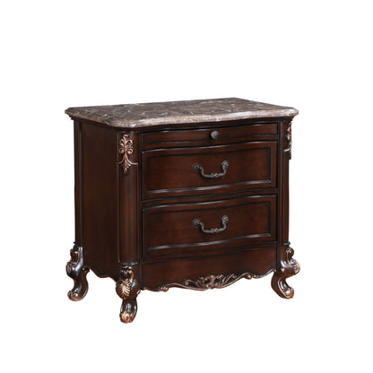 Leon 32 Inch 2 Drawer Nightstand, Carved Details, Marble Surface, Brown