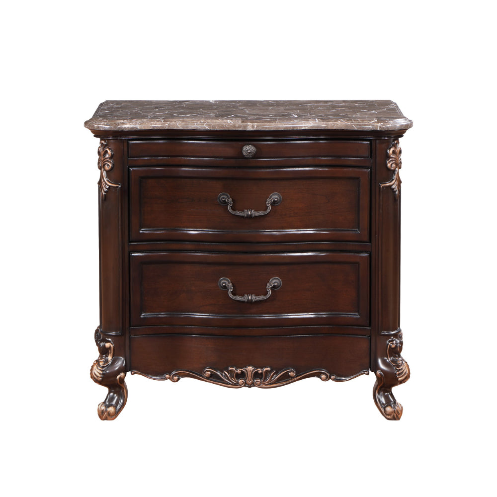 Leon 32 Inch 2 Drawer Nightstand, Carved Details, Marble Surface, Brown