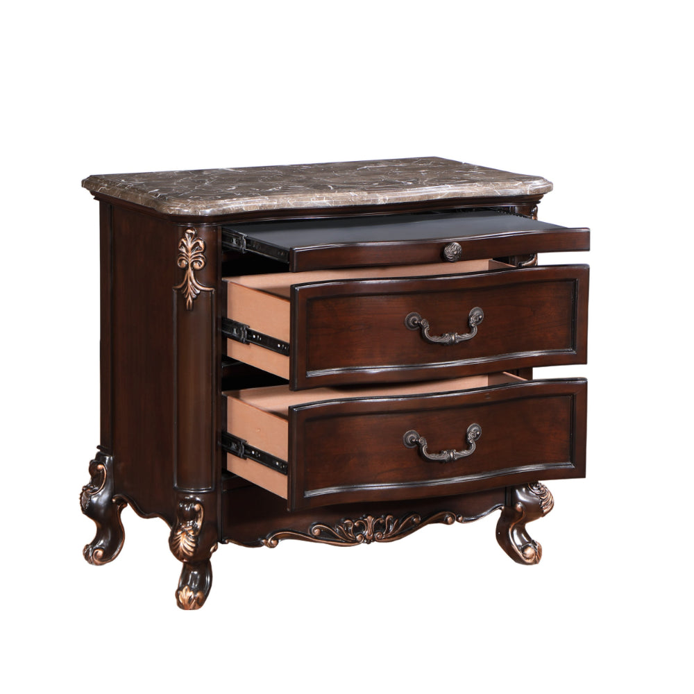 Leon 32 Inch 2 Drawer Nightstand, Carved Details, Marble Surface, Brown