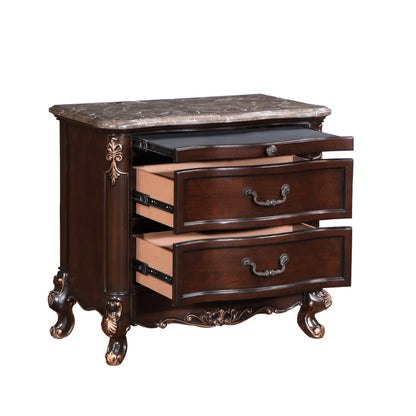 Leon 32 Inch 2 Drawer Nightstand, Carved Details, Marble Surface, Brown