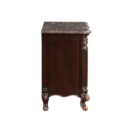 Leon 32 Inch 2 Drawer Nightstand, Carved Details, Marble Surface, Brown
