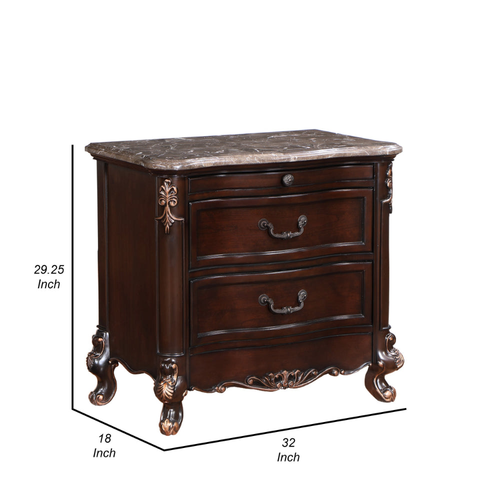 Leon 32 Inch 2 Drawer Nightstand, Carved Details, Marble Surface, Brown