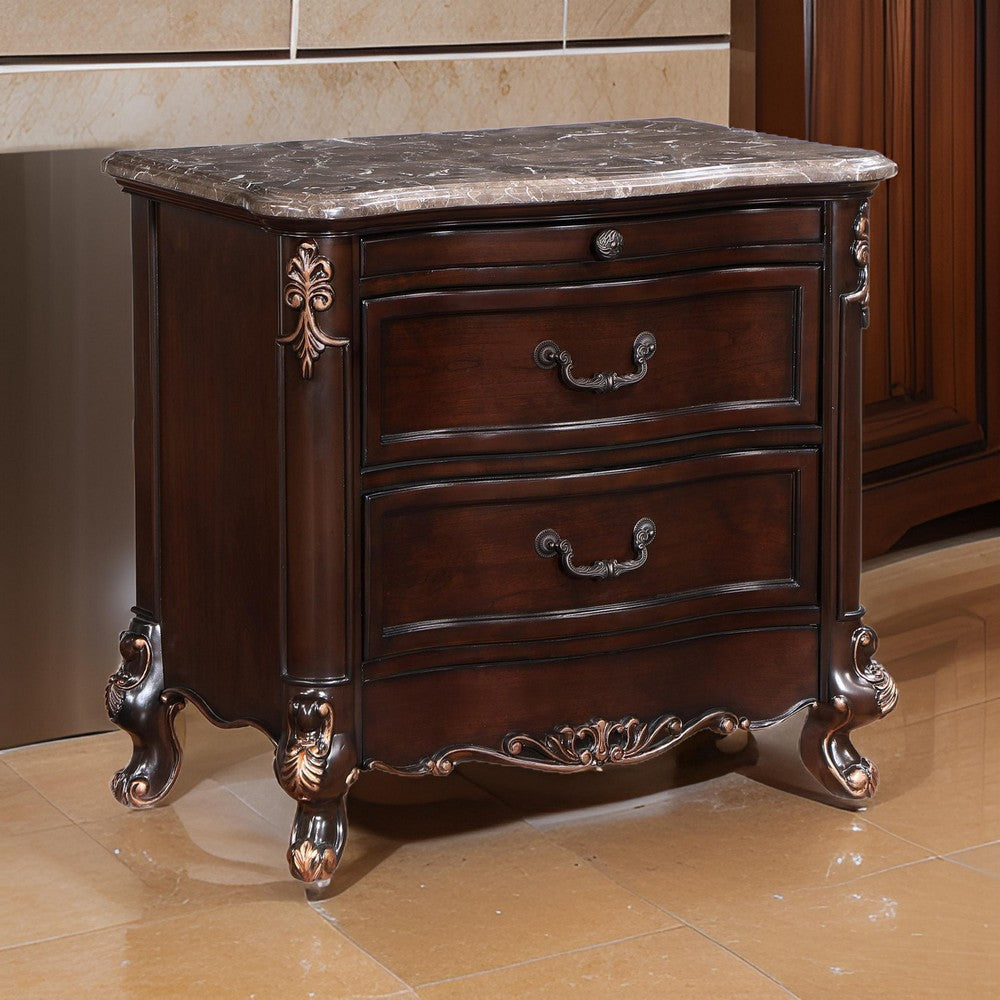 Leon 32 Inch 2 Drawer Nightstand, Carved Details, Marble Surface, Brown