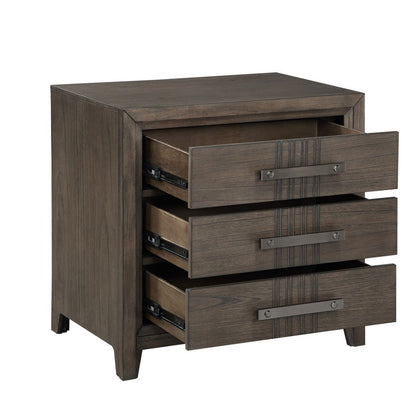 27 Inch Rustic Nightstand, 2 Drawers, Gray Metal Handles, Rich Brown Wood