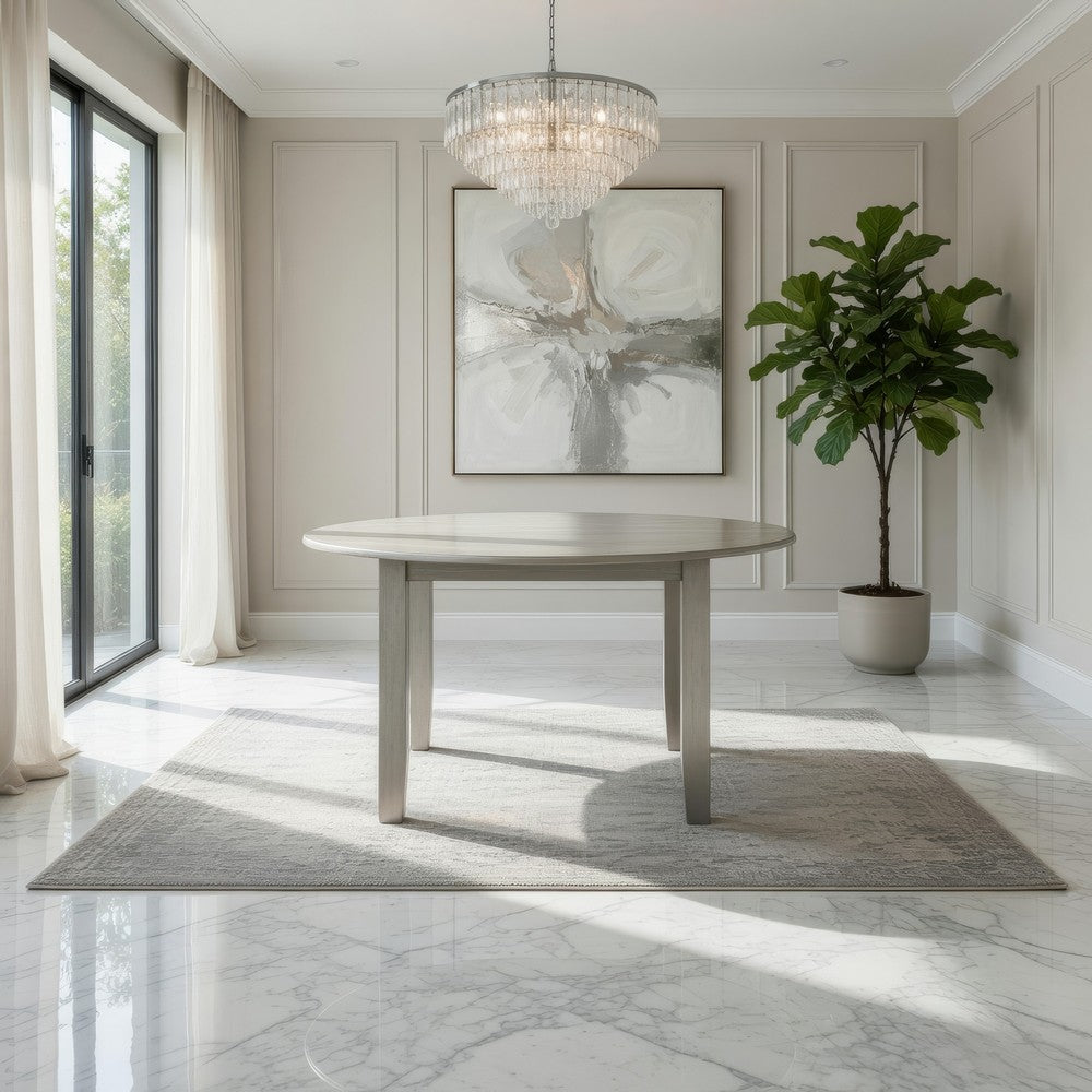 Pane 47 Inch Rounded Wood Dining Table, Smooth Gray Finish, Tall Block Legs