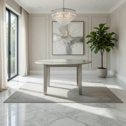 Pane 47 Inch Rounded Wood Dining Table, Smooth Gray Finish, Tall Block Legs