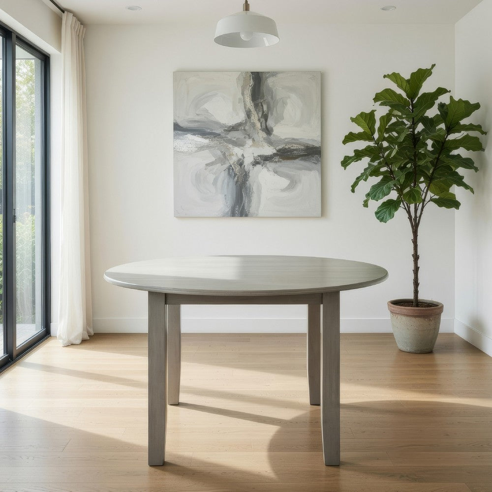 Pane 47 Inch Rounded Wood Dining Table, Smooth Gray Finish, Tall Block Legs