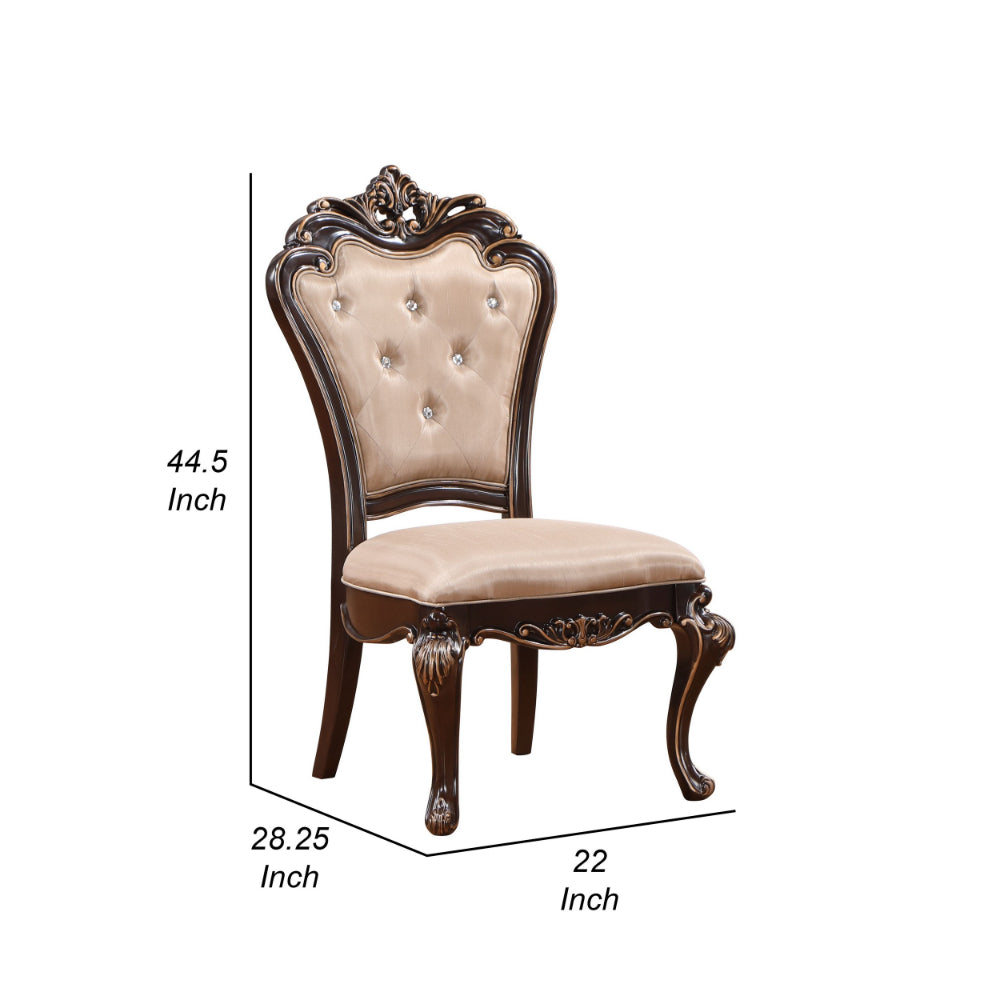 Leon 22 Inch Set of 2 Tufted Dining Chairs, Cherry Brown Wood, Beige Fabric