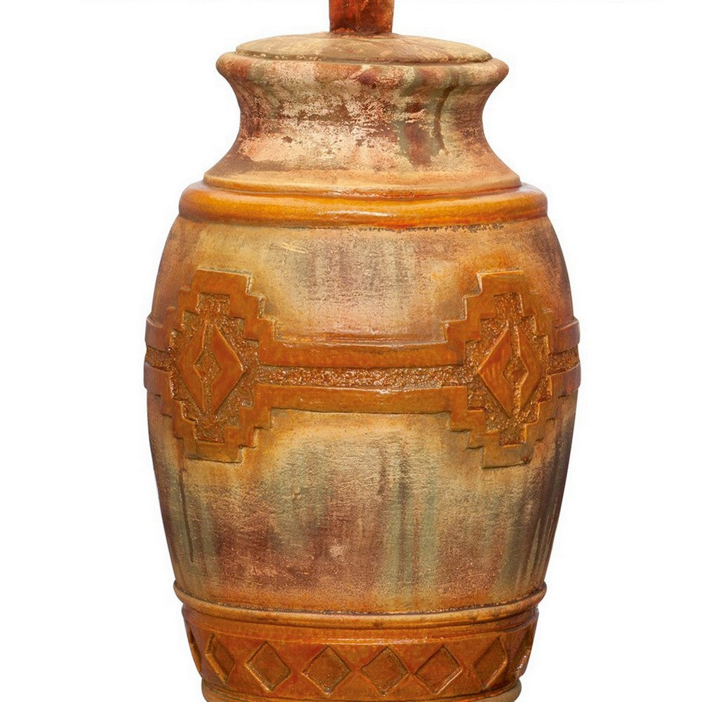 Riza 29 Inch Urn Table Lamp, Carved Trellis Cut, Rich Oak Brown Hydrocal