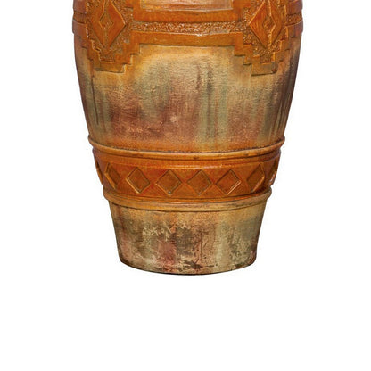 Riza 29 Inch Urn Table Lamp, Carved Trellis Cut, Rich Oak Brown Hydrocal