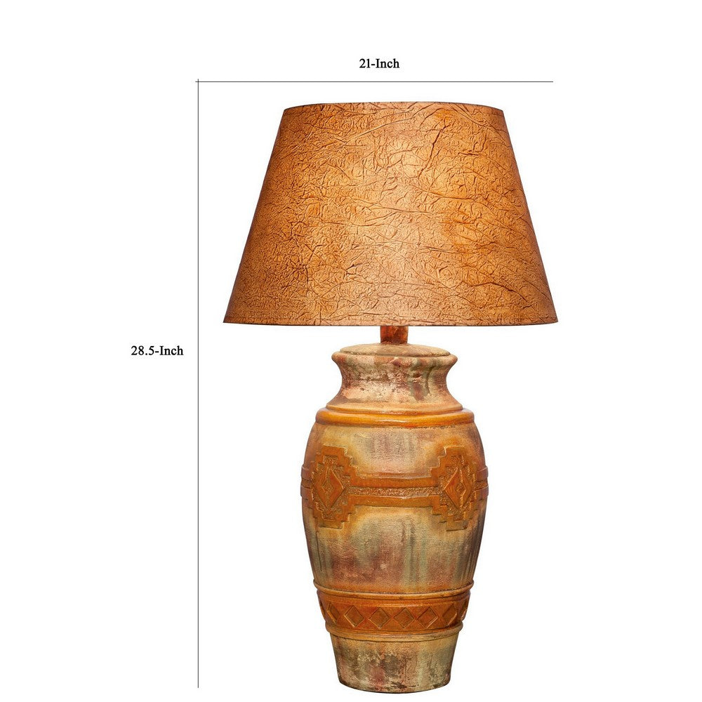 Riza 29 Inch Urn Table Lamp, Carved Trellis Cut, Rich Oak Brown Hydrocal