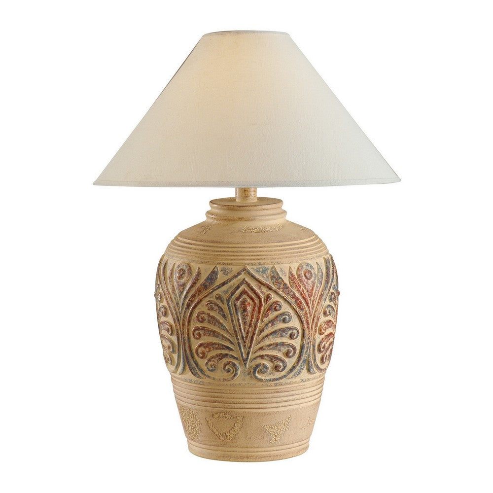 Tia 29 Inch Table Lamp, Conical Shade, Urn Shape, Damask Pattern, Beige