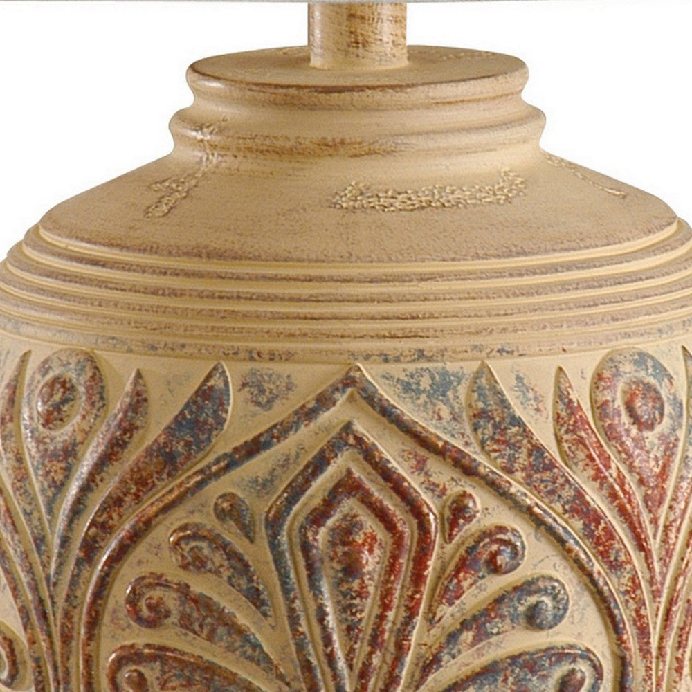 Tia 29 Inch Table Lamp, Conical Shade, Urn Shape, Damask Pattern, Beige
