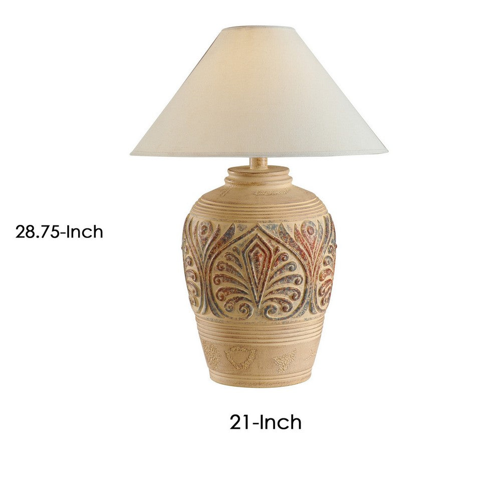 Tia 29 Inch Table Lamp, Conical Shade, Urn Shape, Damask Pattern, Beige
