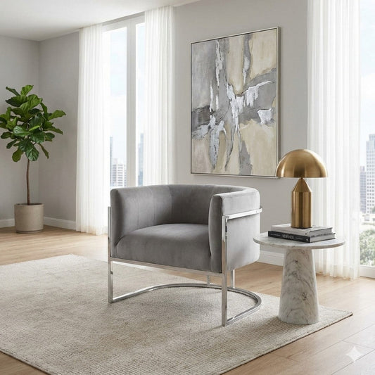 Kel 31 Inch Cantilever Accent Chair, Gray Velvet, Silver Stainless Steel