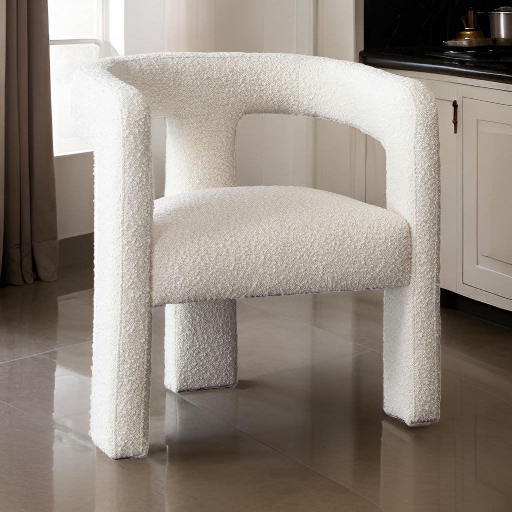 27 Inch Boucle Accent Chair, Curved Back, Cushioned Seating, Ivory Finish