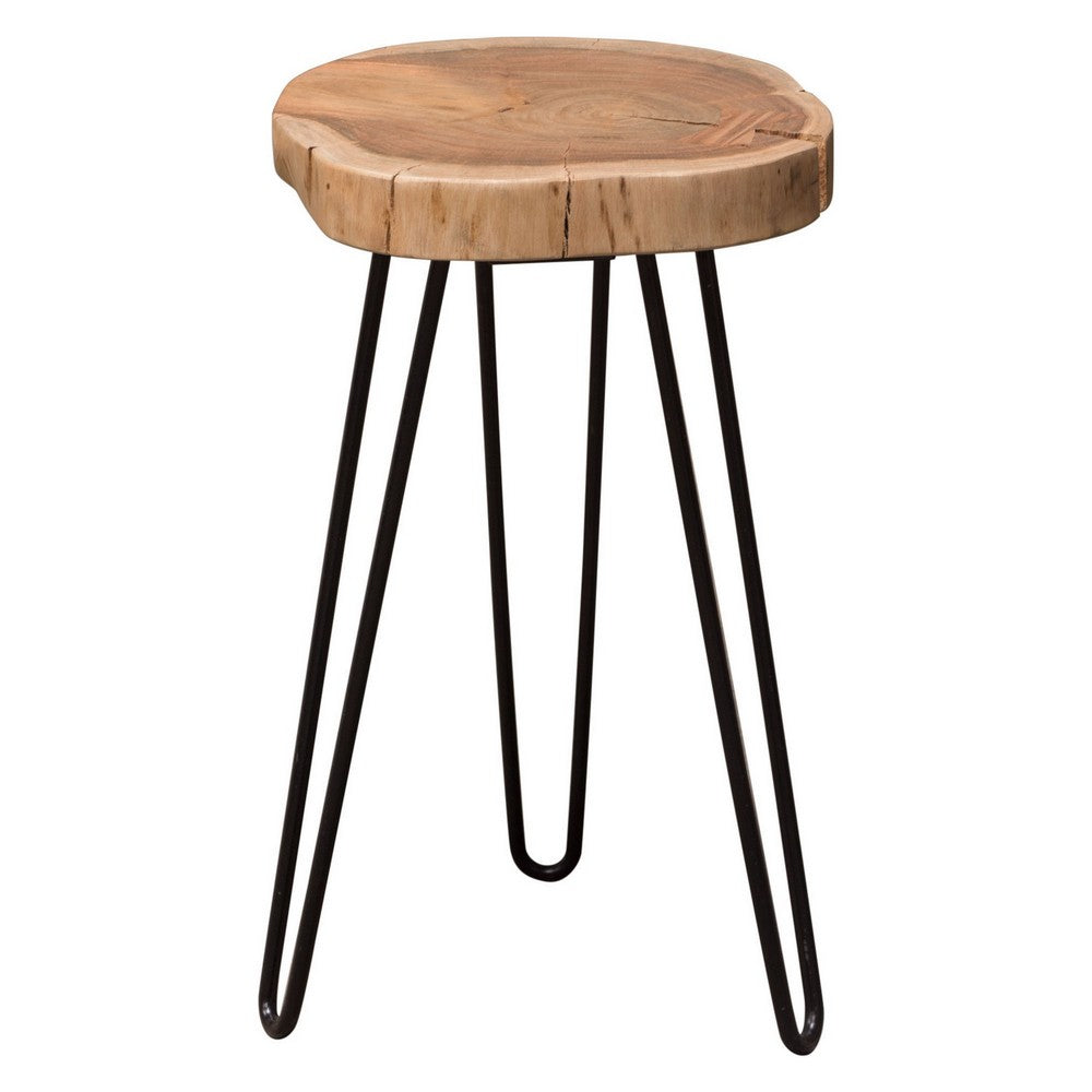 23 Inch Side End Table, Hairpin Legs, Natural Brown Acacia Wood, Black Base