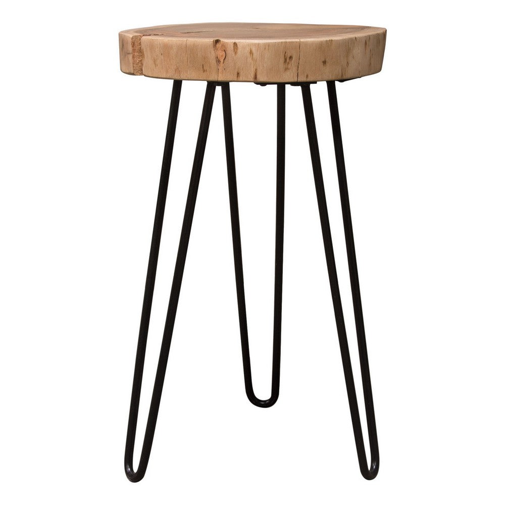 23 Inch Side End Table, Hairpin Legs, Natural Brown Acacia Wood, Black Base