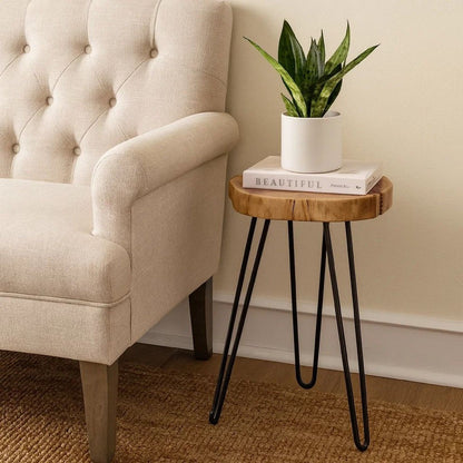 23 Inch Side End Table, Hairpin Legs, Natural Brown Acacia Wood, Black Base