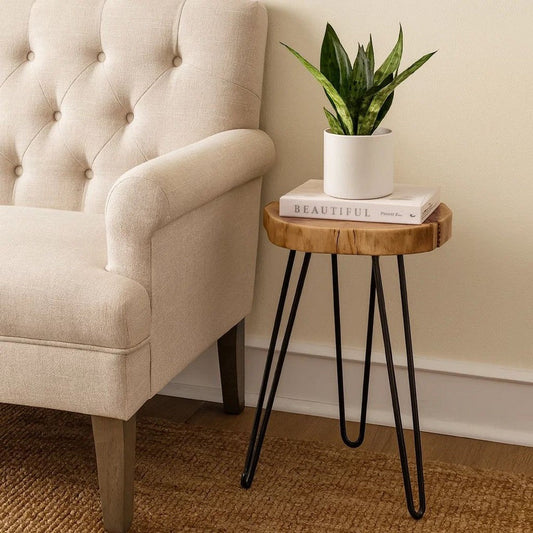 23 Inch Side End Table, Hairpin Legs, Natural Brown Acacia Wood, Black Base