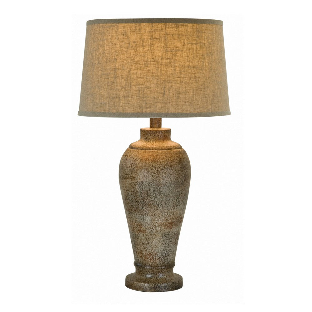 33 Inch Hydrocal Table Lamp, Brown Drum Shade, Textured Urn Shaped Base