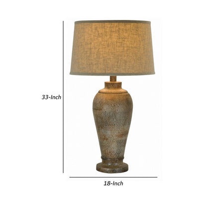 33 Inch Hydrocal Table Lamp, Brown Drum Shade, Textured Urn Shaped Base