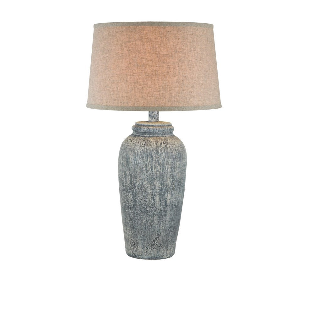Leni 31 Inch Hydrocal Table Lamp, Drum Shade, Blue Gray Tall Urn Base
