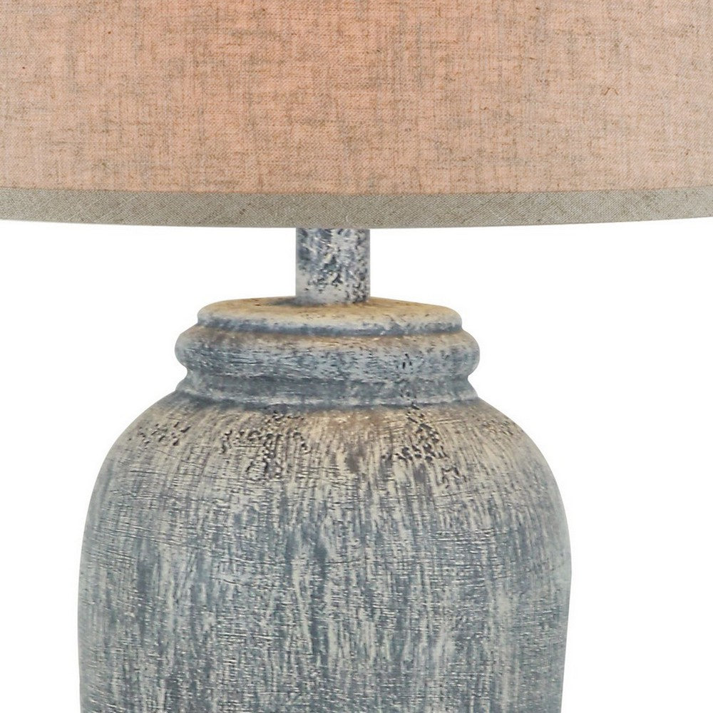 Leni 31 Inch Hydrocal Table Lamp, Drum Shade, Blue Gray Tall Urn Base