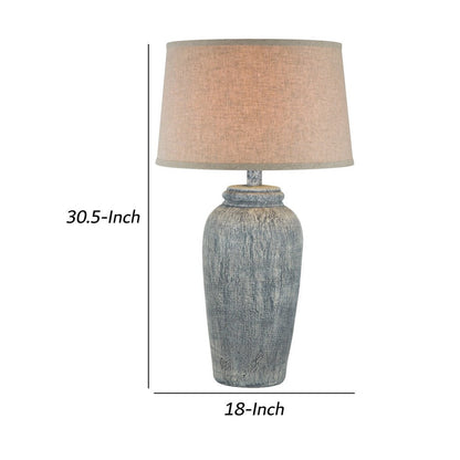 Leni 31 Inch Hydrocal Table Lamp, Drum Shade, Blue Gray Tall Urn Base