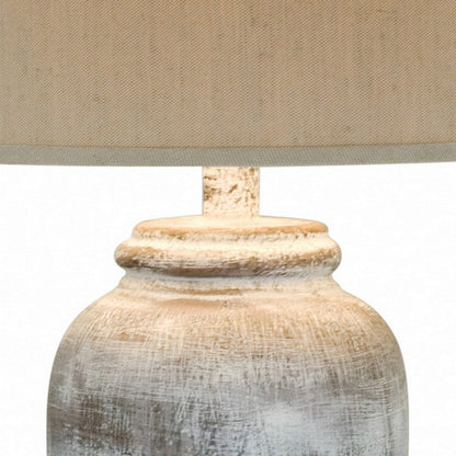 Leni 31 Inch Hydrocal Table Lamp, Drum Shade, Stone White Urn Shaped Base