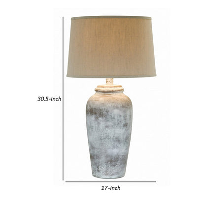 Leni 31 Inch Hydrocal Table Lamp, Drum Shade, Stone White Urn Shaped Base