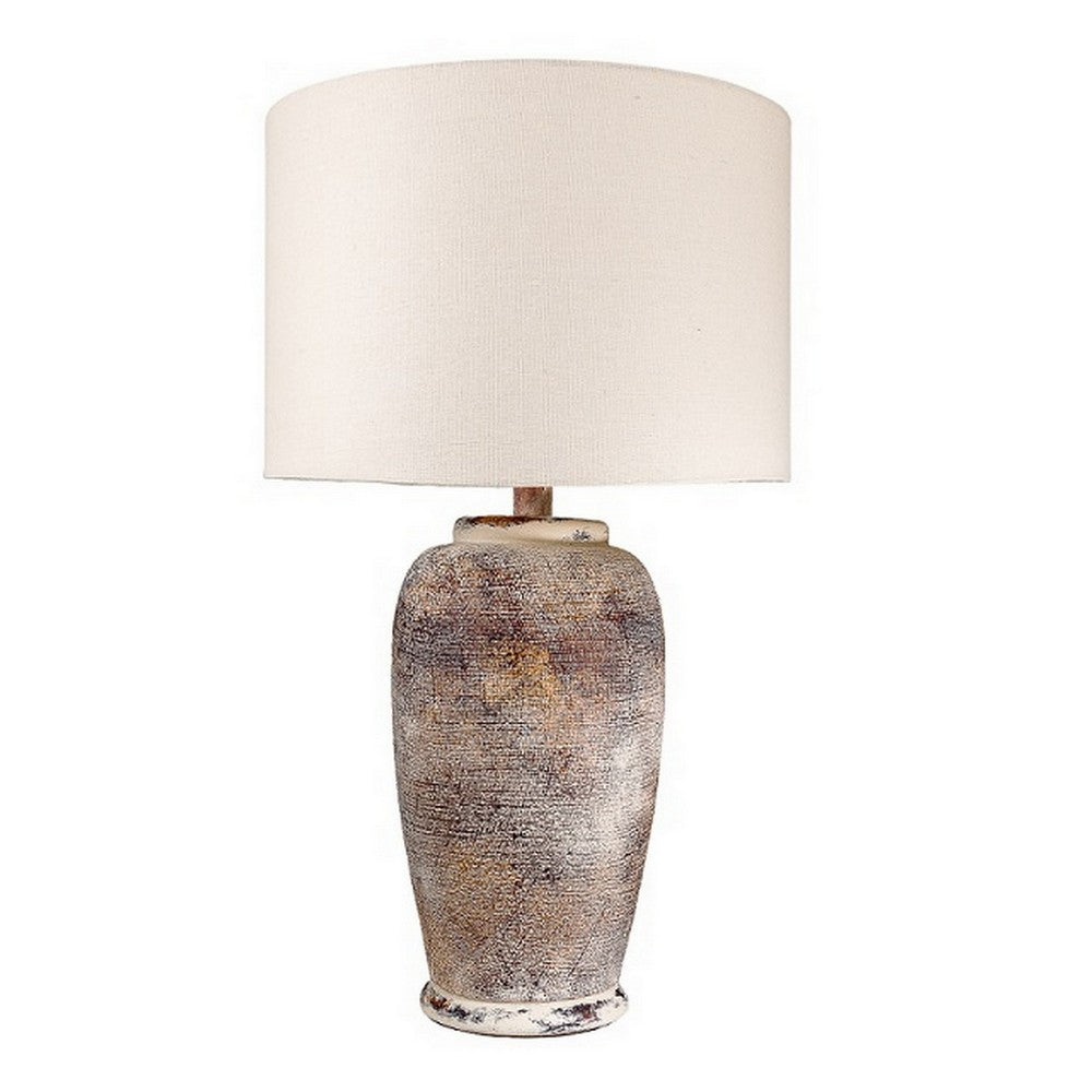 Alin 29 Inch Hydrocal Table Lamp, Drum Shade, Urn Shaped Base, Pink, Brown