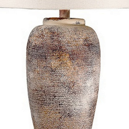Alin 29 Inch Hydrocal Table Lamp, Drum Shade, Urn Shaped Base, Pink, Brown
